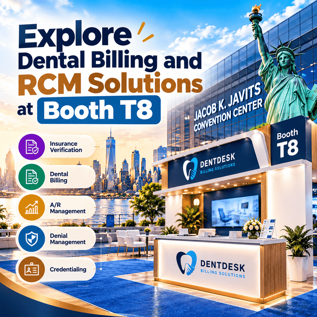 DentDesk Billing Solutions at GNYDM 2026 Booth T8 showcasing dental billing, insurance verification, A/R management, denial management, and credentialing services